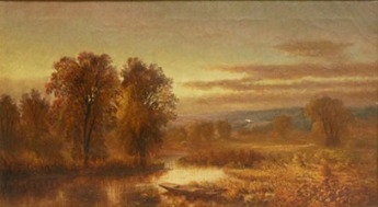 Mary Josephine Walters (1837-1883), Autumn River with Punt in the Reeds. Oil on canvas, 13 ¼ x 23 ¾ inches. Inscribed in pencil on the stretcher. Collection of Hawthorne Fine Art.